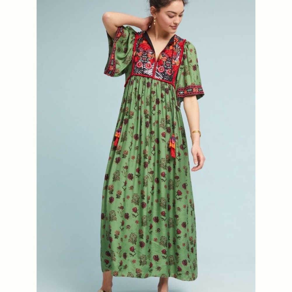 ISO basil embroidered maxi dress